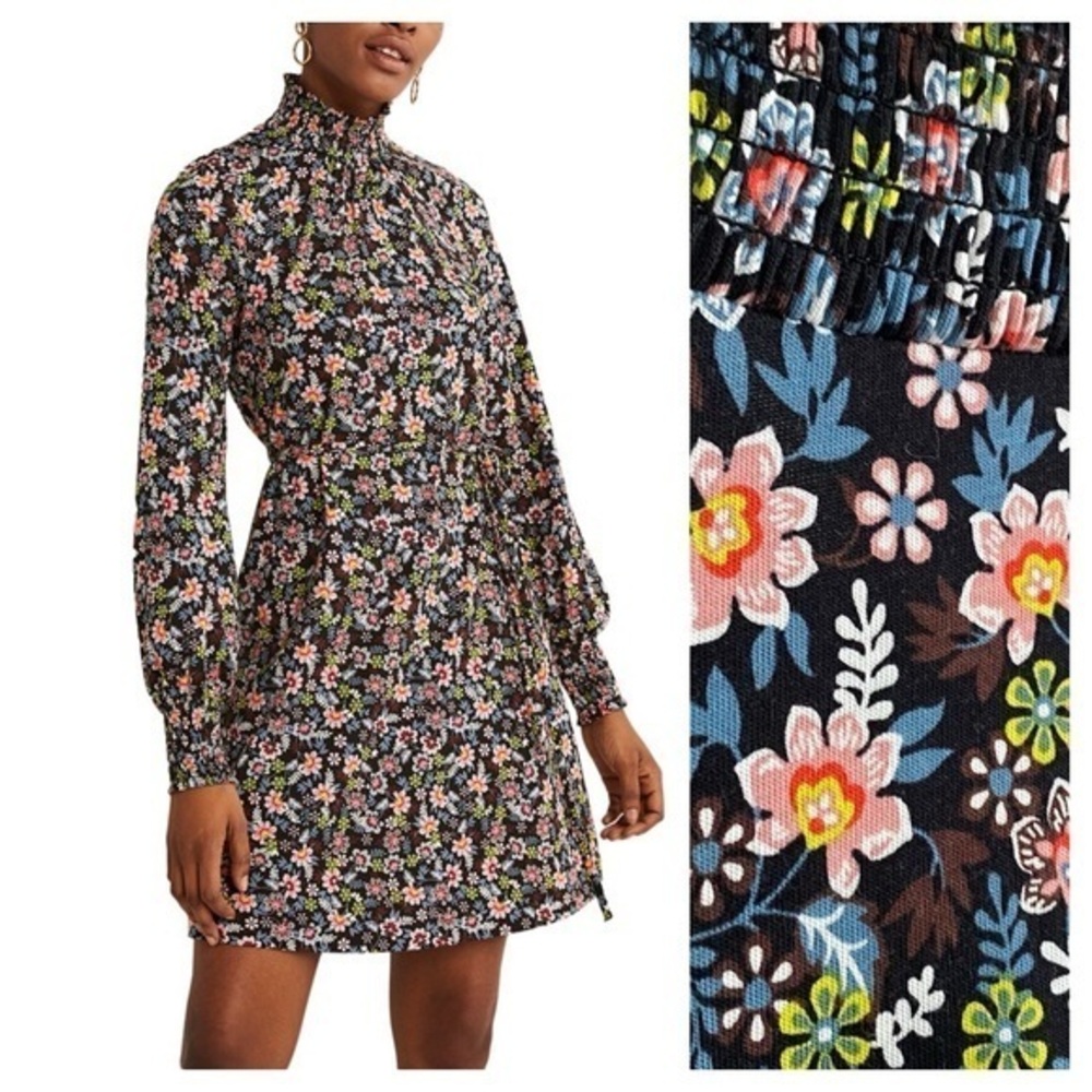 Boden Black Floral Print Smocked Jersey Shift Dress 4